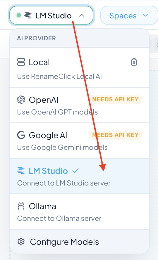 RenameClick provider dropdown showing LM Studio option
